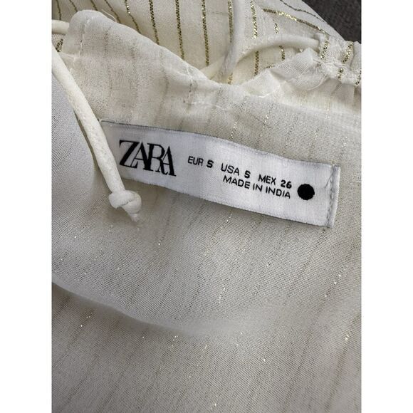 Zara White Gold Halter Maxi Dress Lurex Viscose Lace Waist Size S Limited - Picture 11 of 12